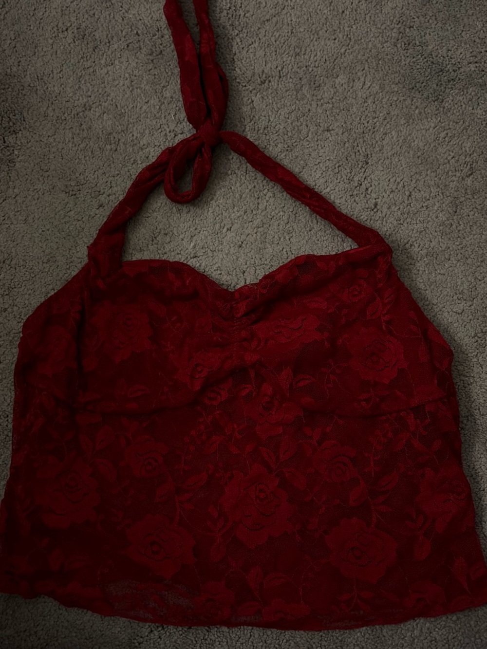 Red Lace Halter Crop Top - Feminine Floral Lace